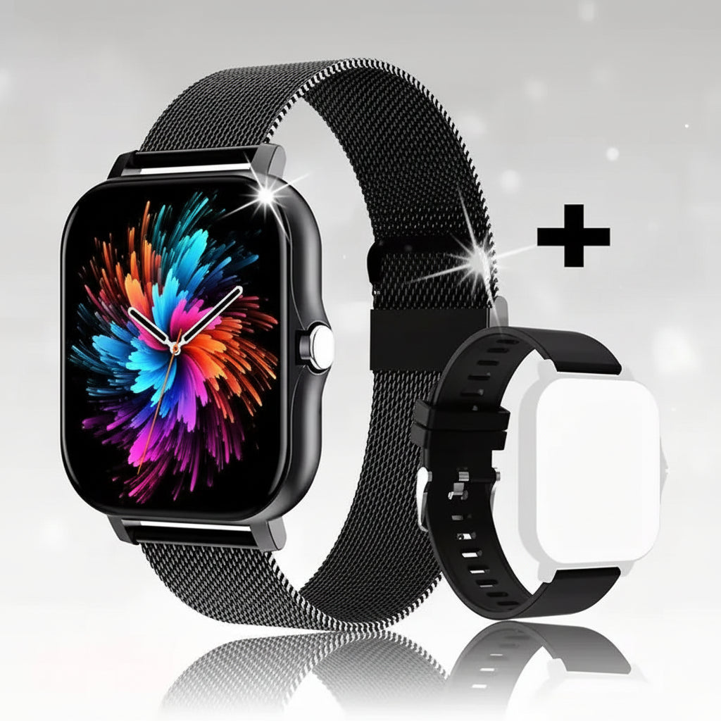 Smartwatch with black metal band on a reflective surface