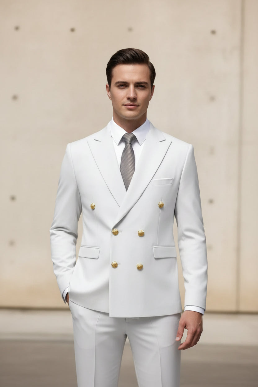 White suit with gold buttons on a white background