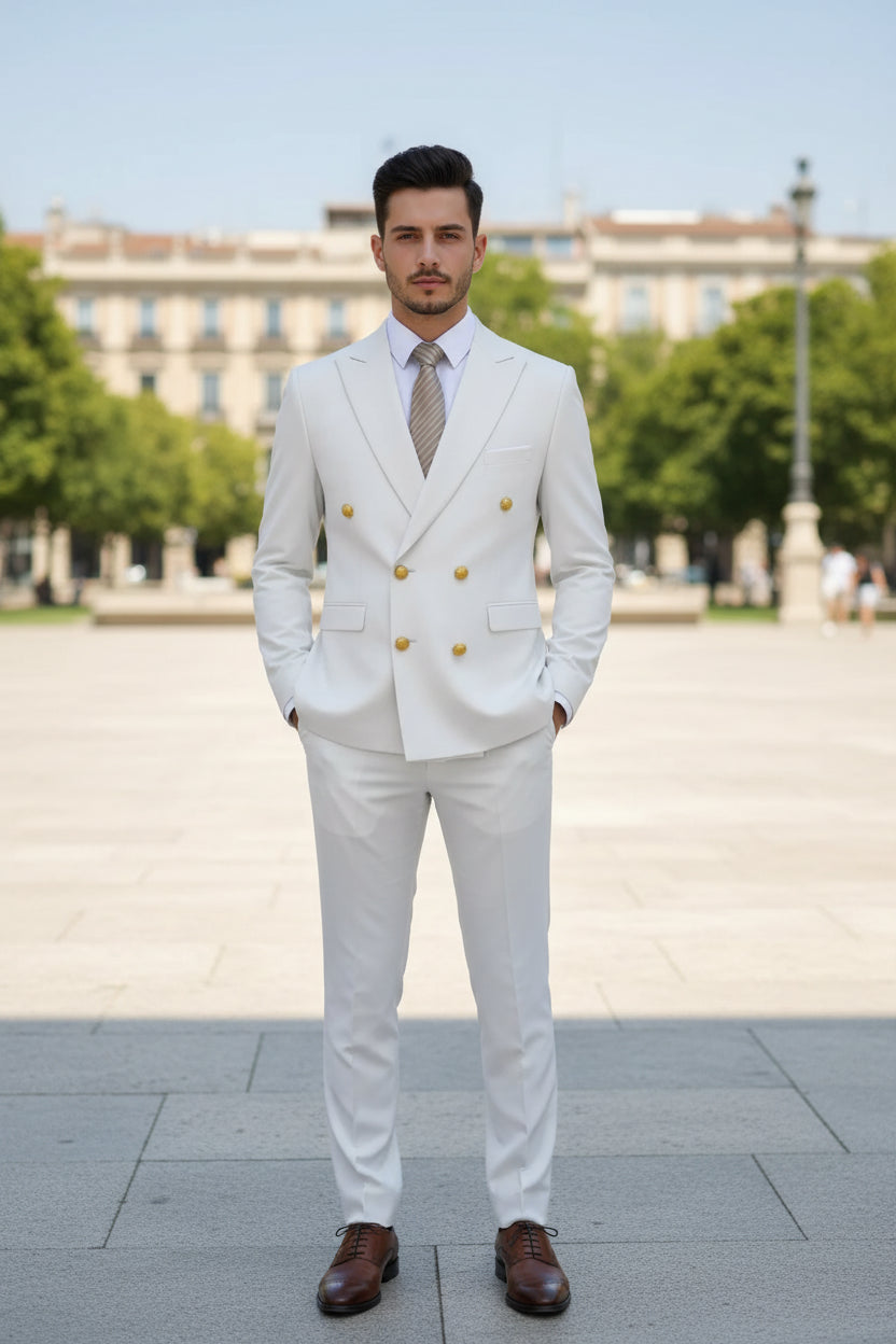 White suit with gold buttons on a white background