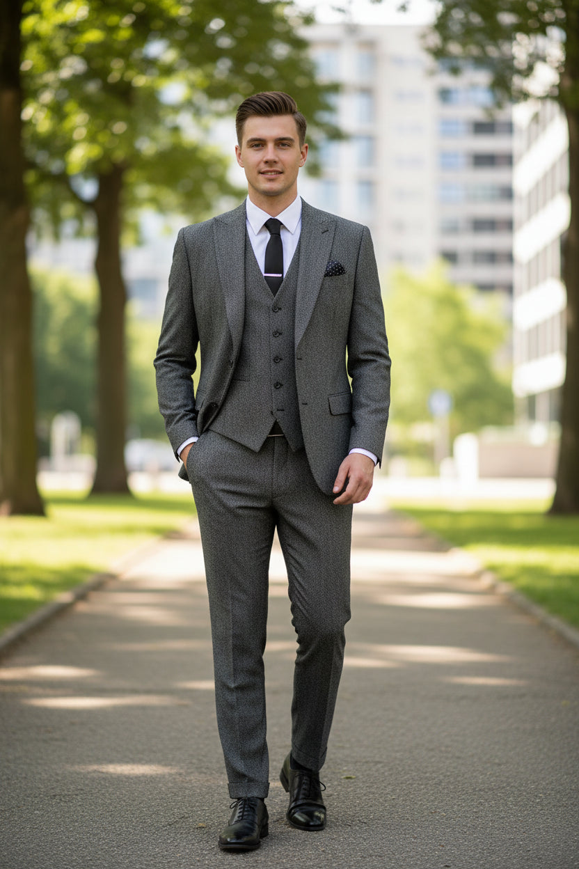 Gray herringbone suit jacket with a white shirt and black tie on a gray background