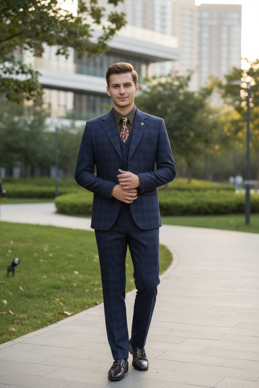 Blue suit on a mannequin with a white background