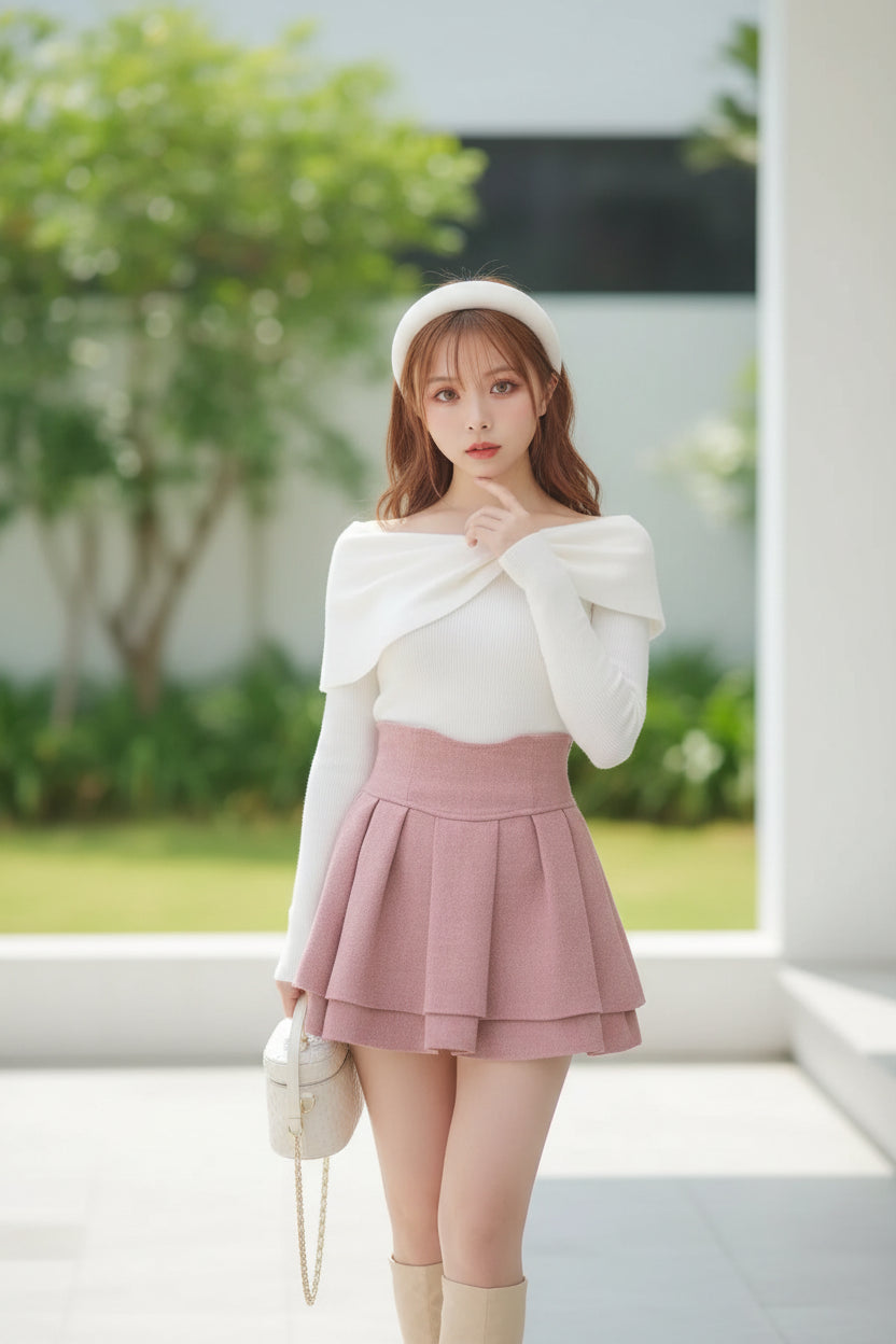 Woman in a white off-shoulder top and pink pleated skirt standing in a decorated room.