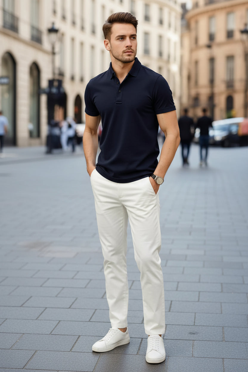 Man wearing a black polo shirt with a blurred city street background