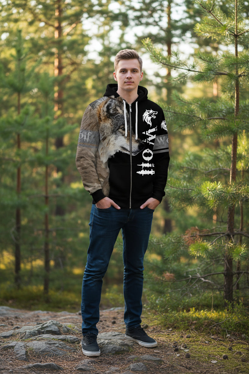 Hoodie with wolf design and 'Wolves' text on a white background