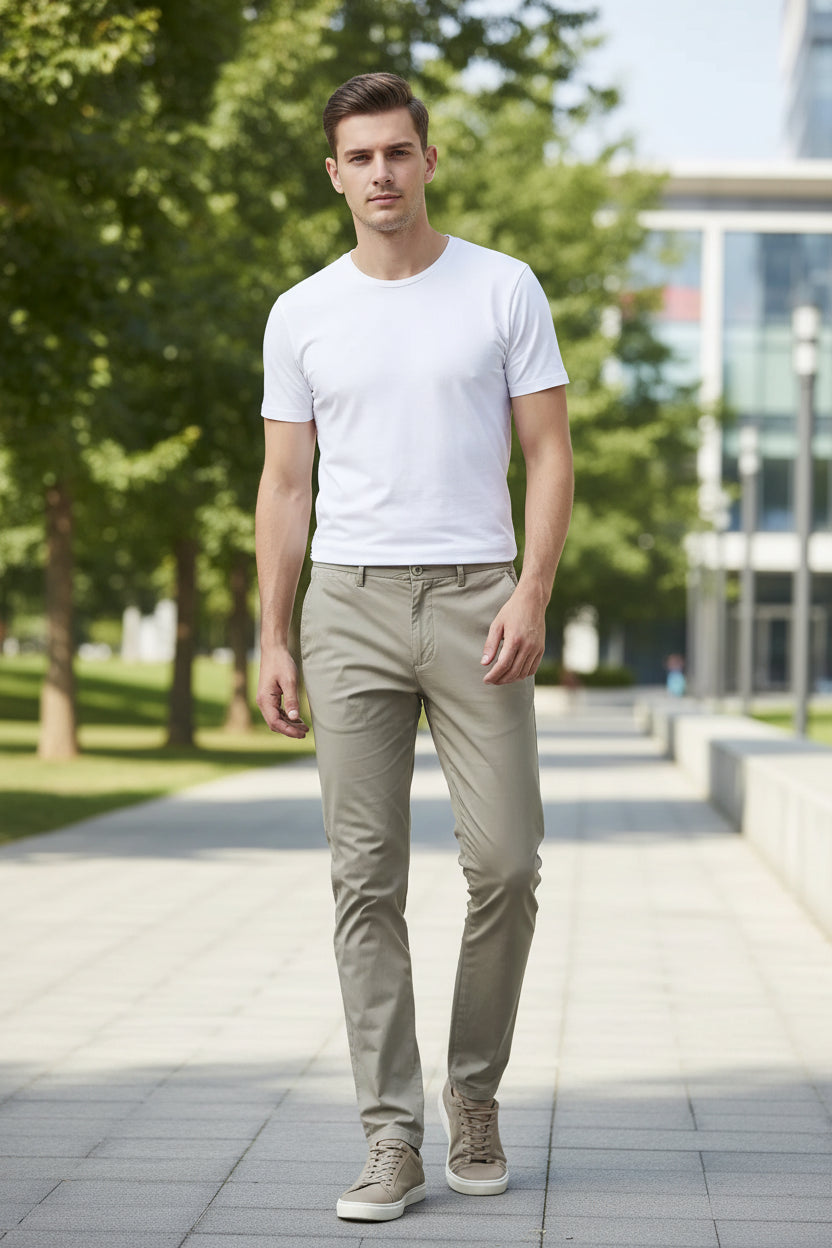Beige pants with a brand label on a gray background