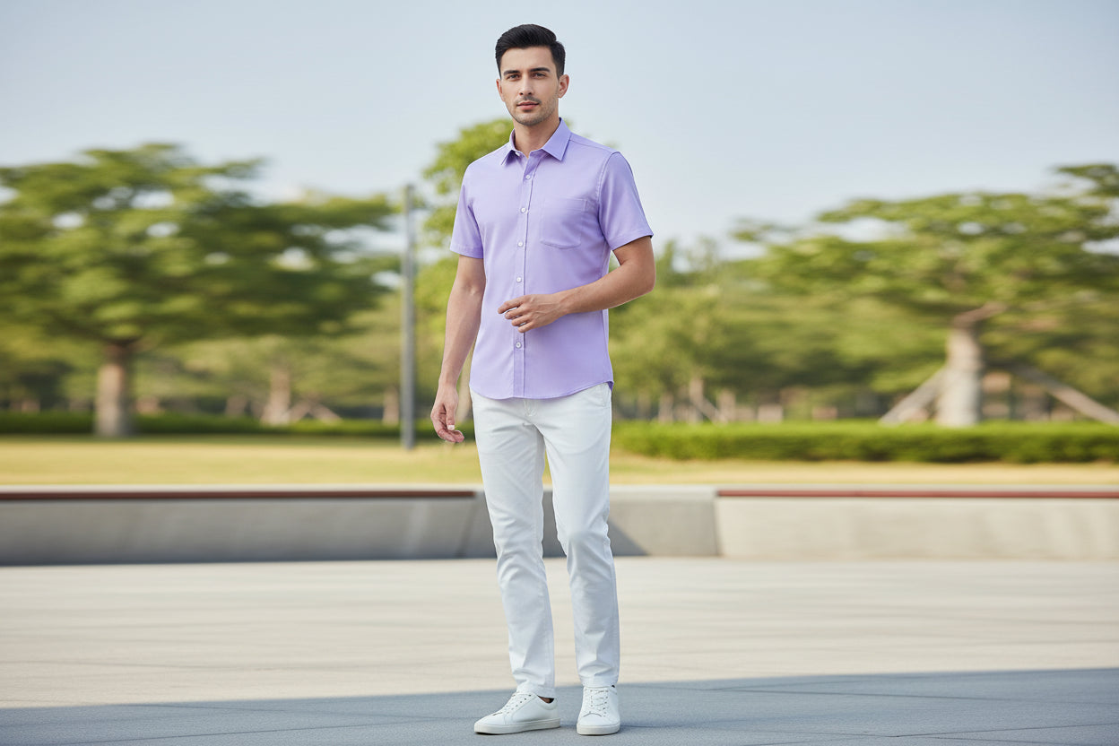 Folded purple dress shirt on a white background