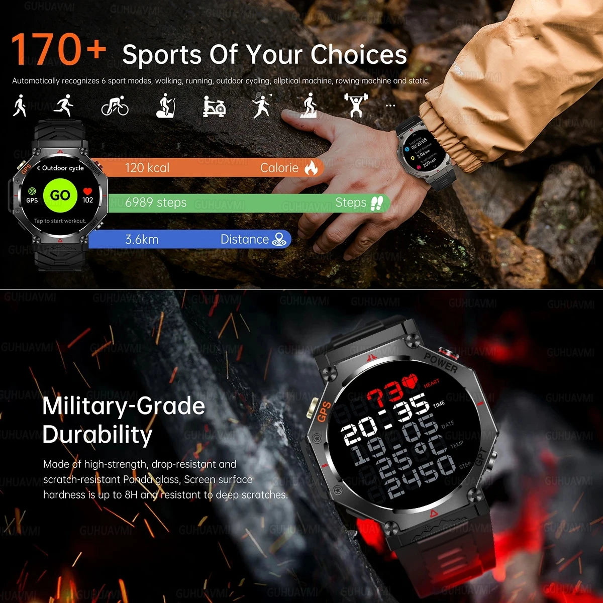 Smartwatch with fitness tracking features and military-grade durability text on a dark background.
