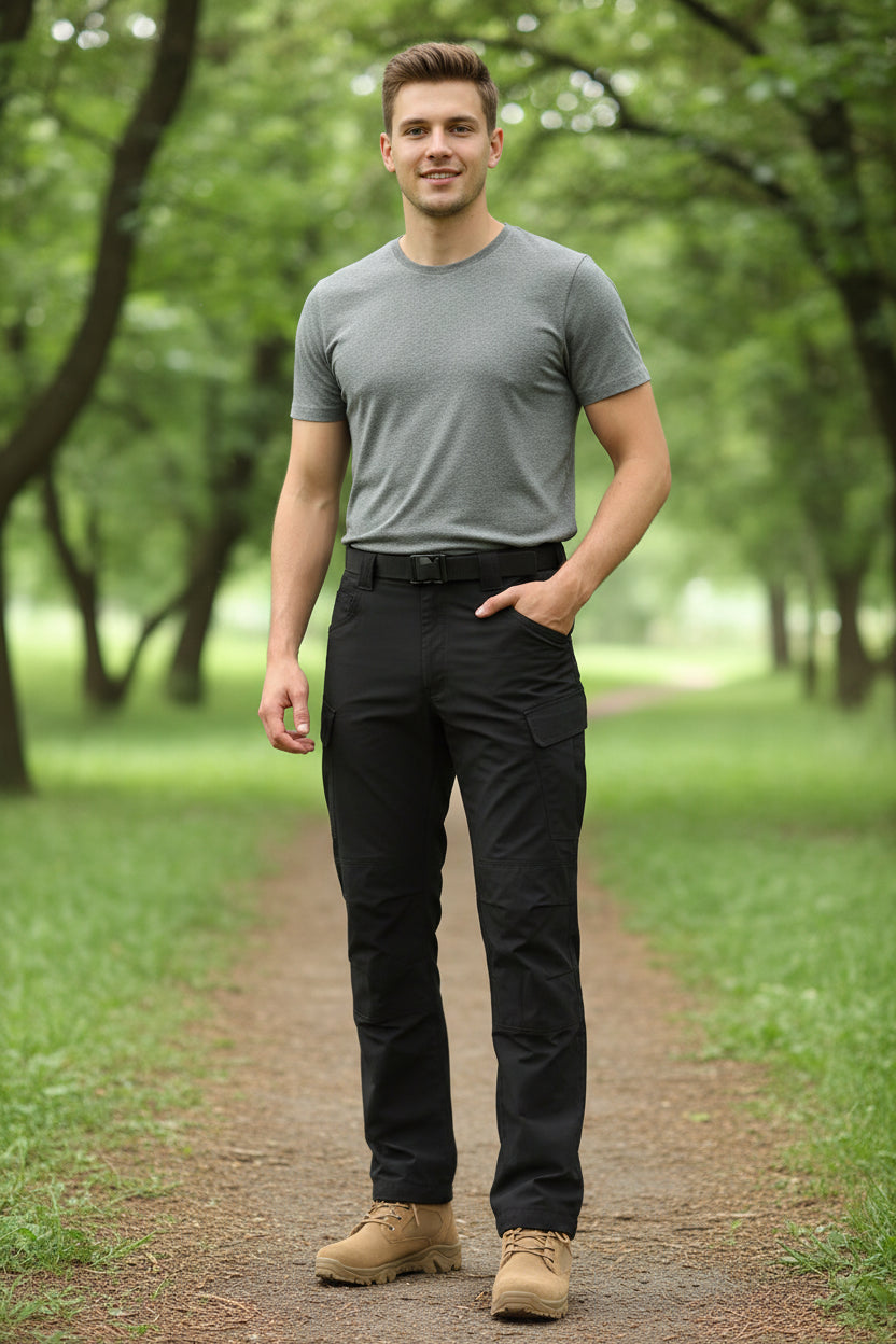Black pants with pockets on a white background, showing elasticity feature.