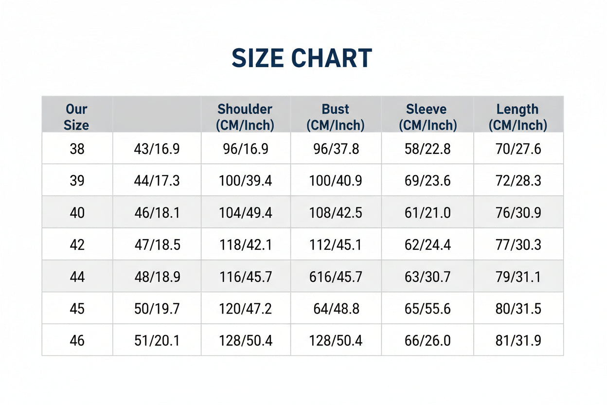 Measurement chart for clothing sizes with shoulder, bust, sleeve, and length dimensions in centimeters and inches.