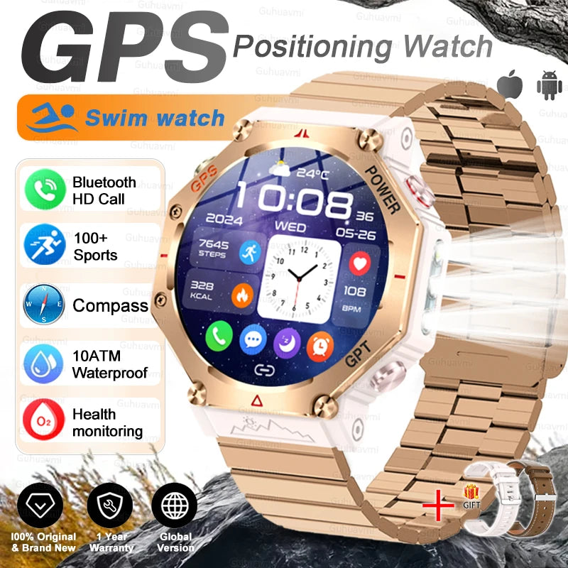 GPS positioning watch with gold band and digital display on a nature-themed background