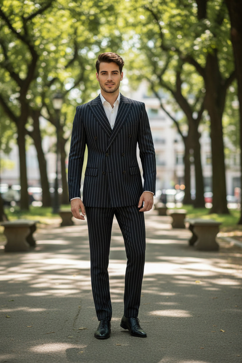 Man wearing a black pinstripe suit standing in a room with wooden floor and white paneled walls.