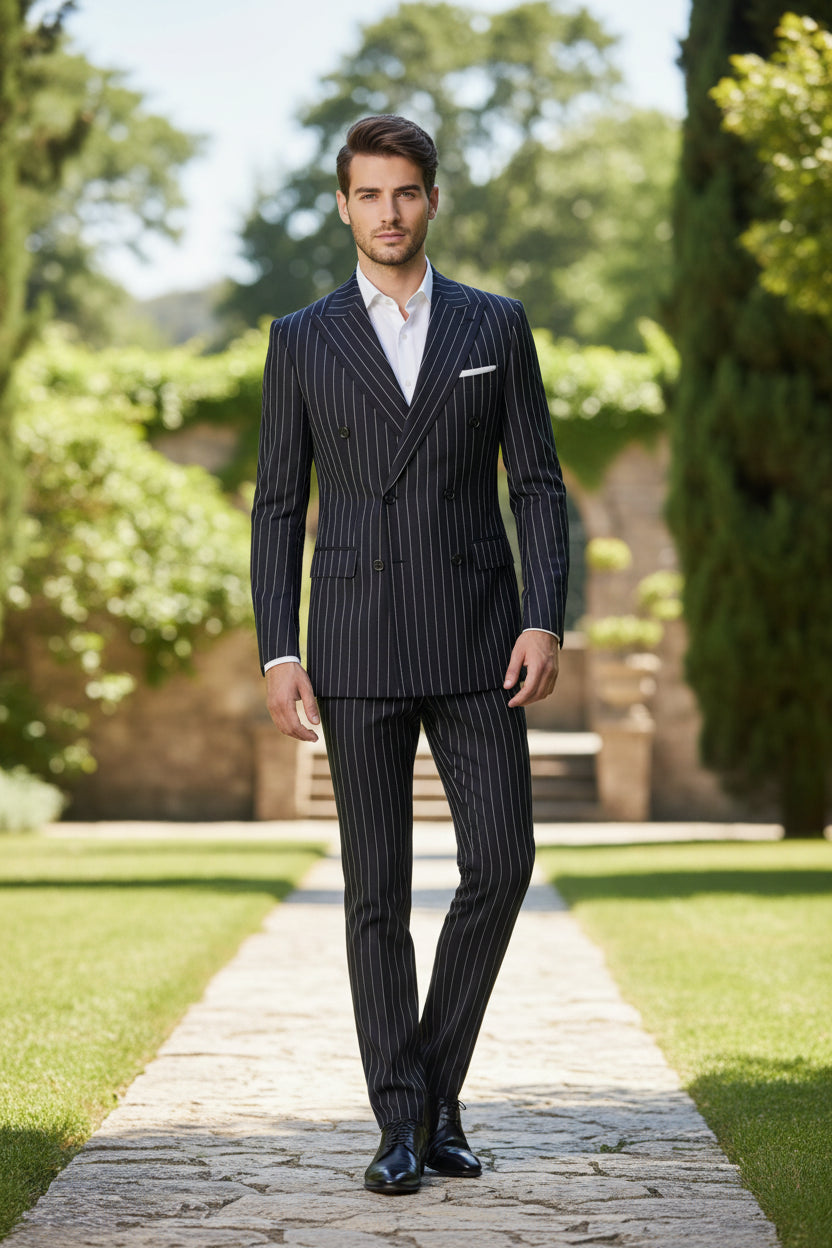Man wearing a black pinstripe suit standing in a room with wooden floor and white paneled walls.