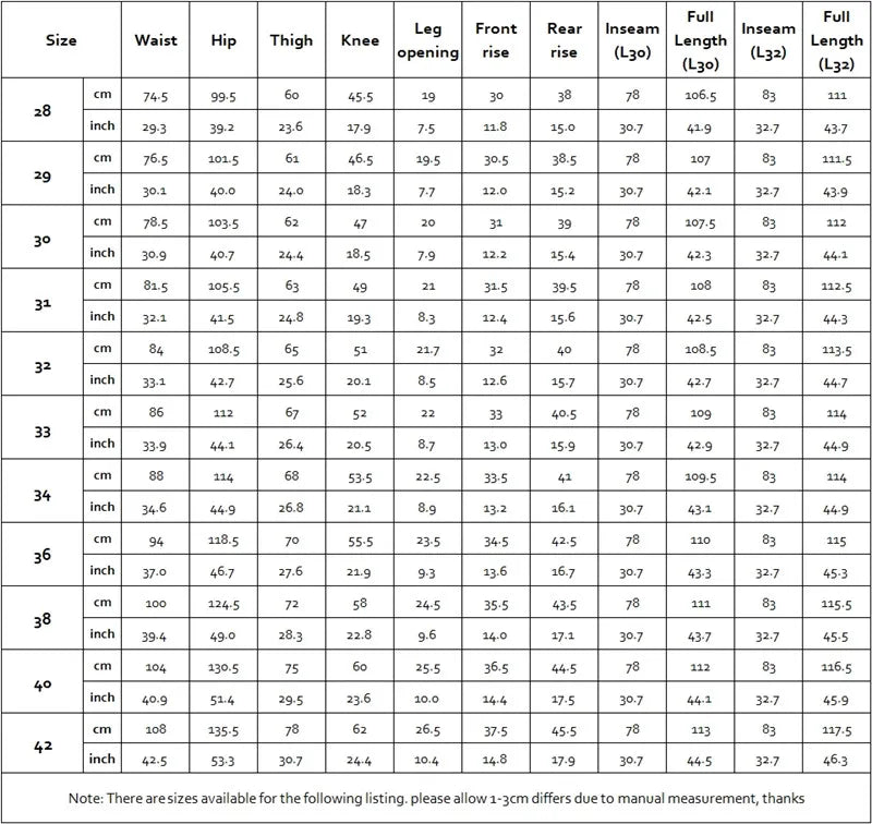 Table displaying size chart for pants with measurements in centimeters and inches.