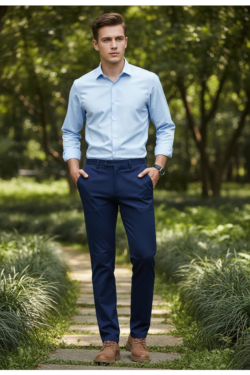 Person wearing blue pants with a gray background