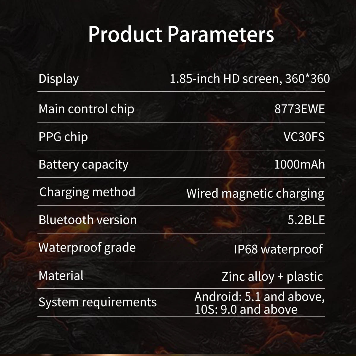 Product parameters table on a dark background with fiery design elements