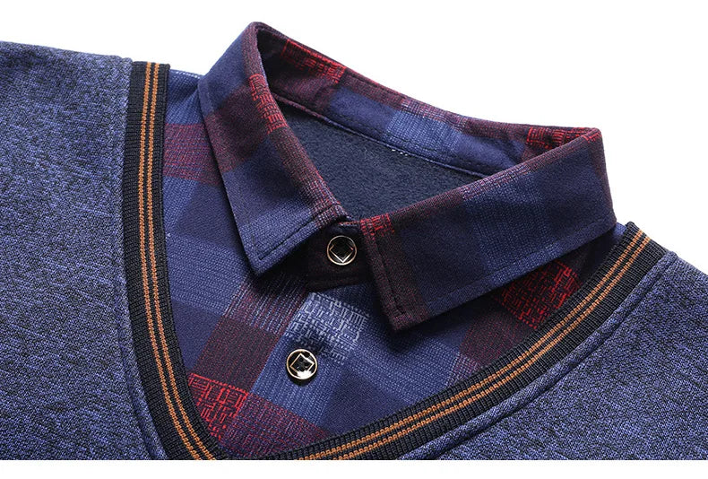 Vintage Plaid Sweater Pullover Men Thick Warm Knitwear Winter Autumn Clothing Patchwork Men's Fleeced Polo Collar Pullovers