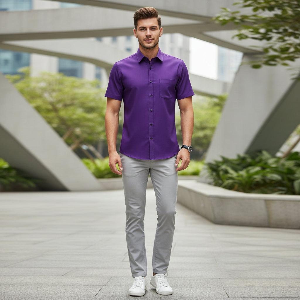 Folded purple dress shirt on a white background