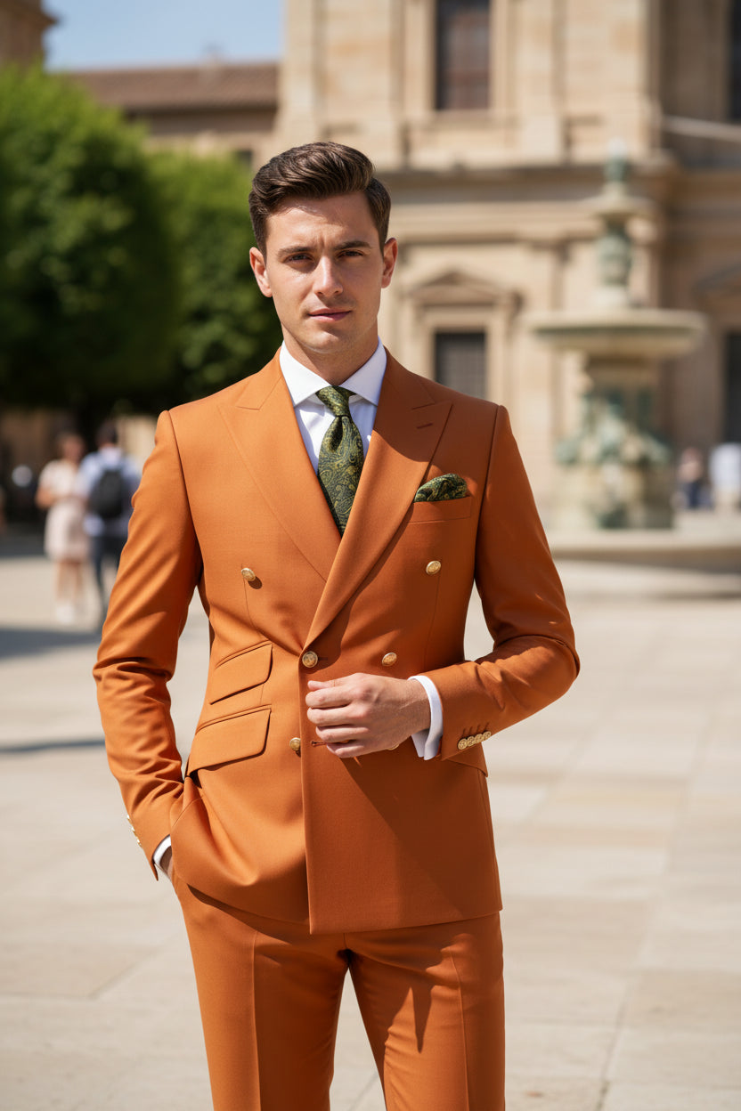 Orange suit with matching vest and pants on a white background