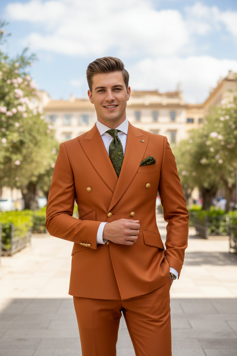 Orange suit with matching vest and pants on a white background