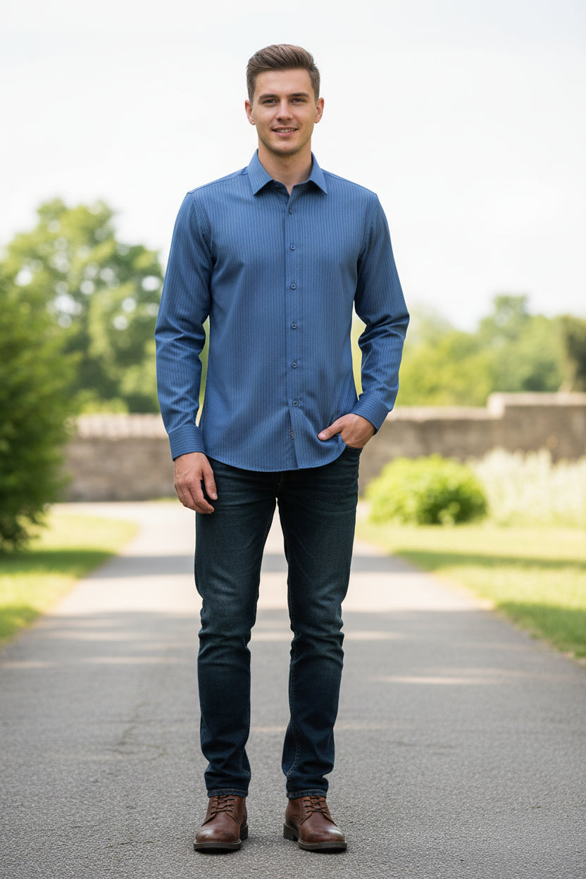 Folded blue striped dress shirt with a visible brand label on a white background