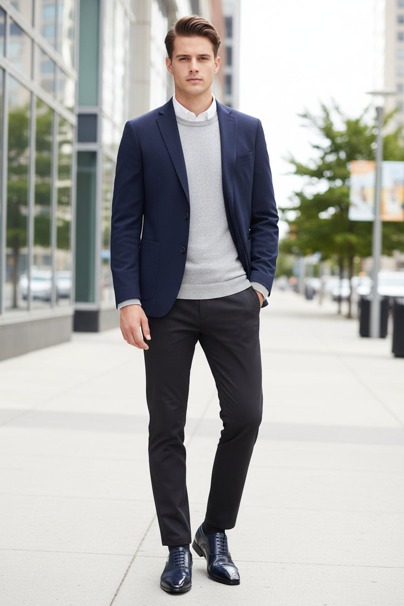 Navy blue dress shoes worn with black pants on a wooden floor