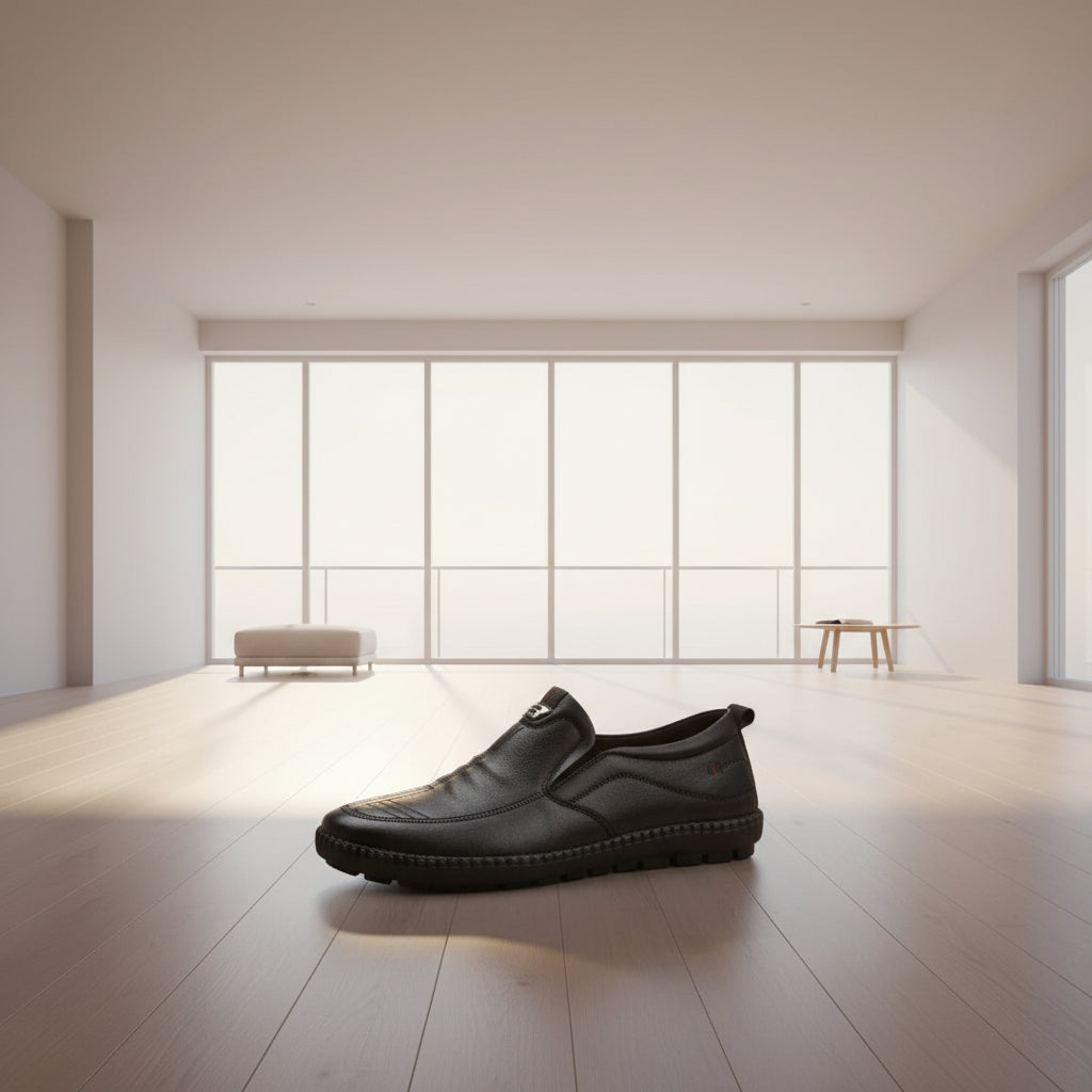 Black leather shoe on a light blue background with text in Chinese