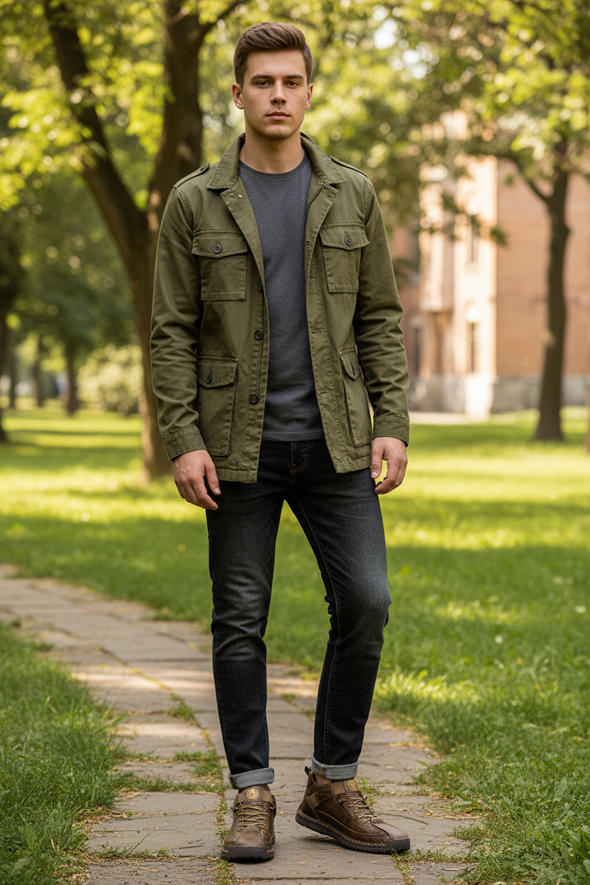 Brown leather boots worn with black jeans on a beige background