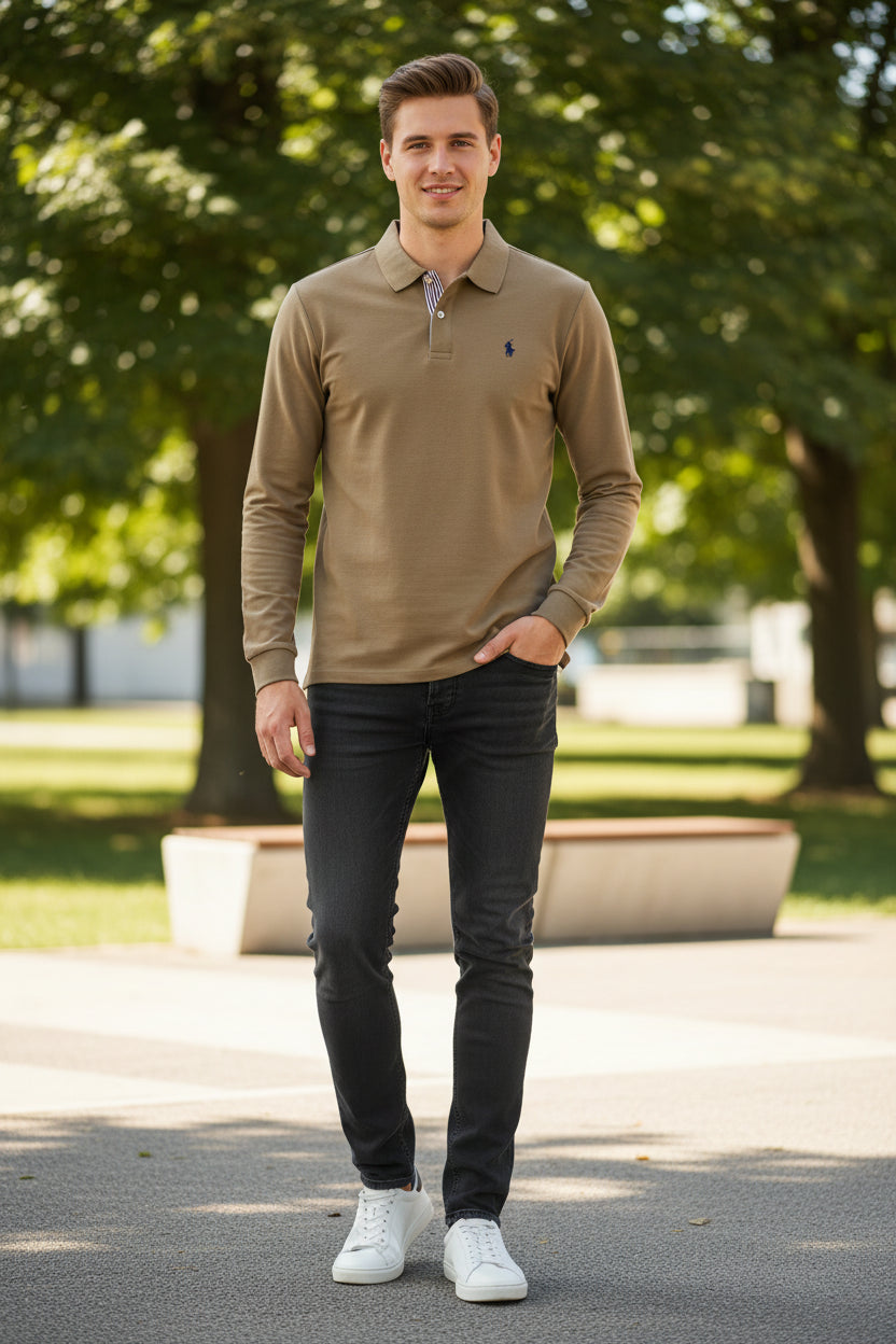 Brown long-sleeve polo shirt with Ralph Lauren logo on a hanger against a background of other colored shirts.