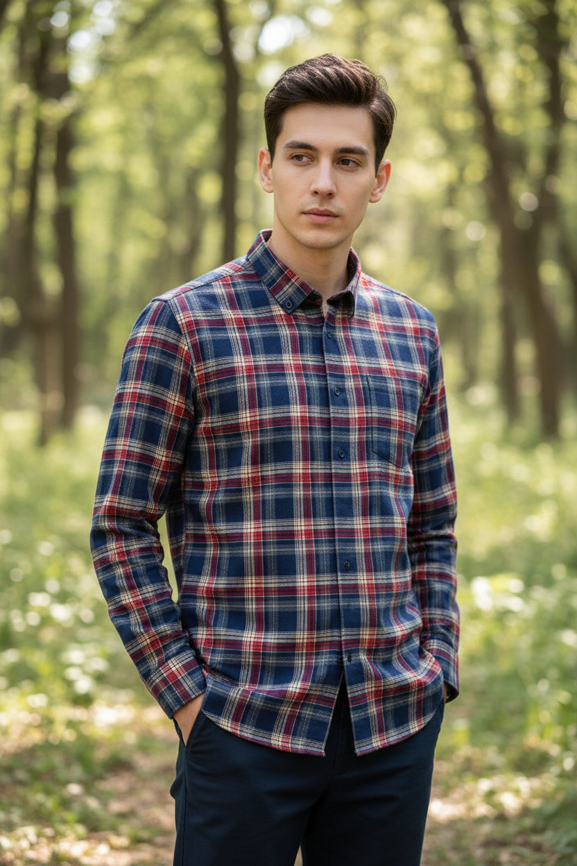 Plaid shirt with close-up details on a white background