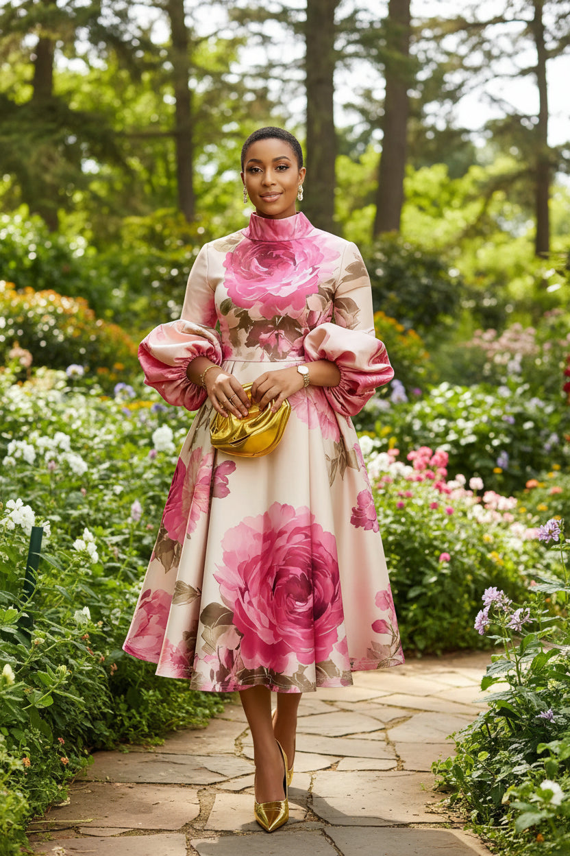 Woman wearing a floral dress with close-up insets of fabric texture and design.