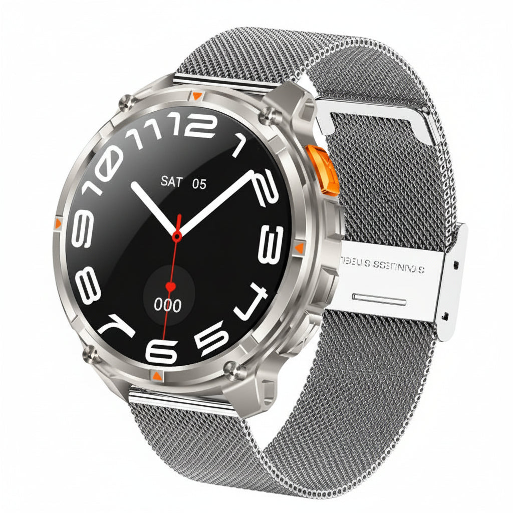 Smartwatch with features listed on a promotional graphic