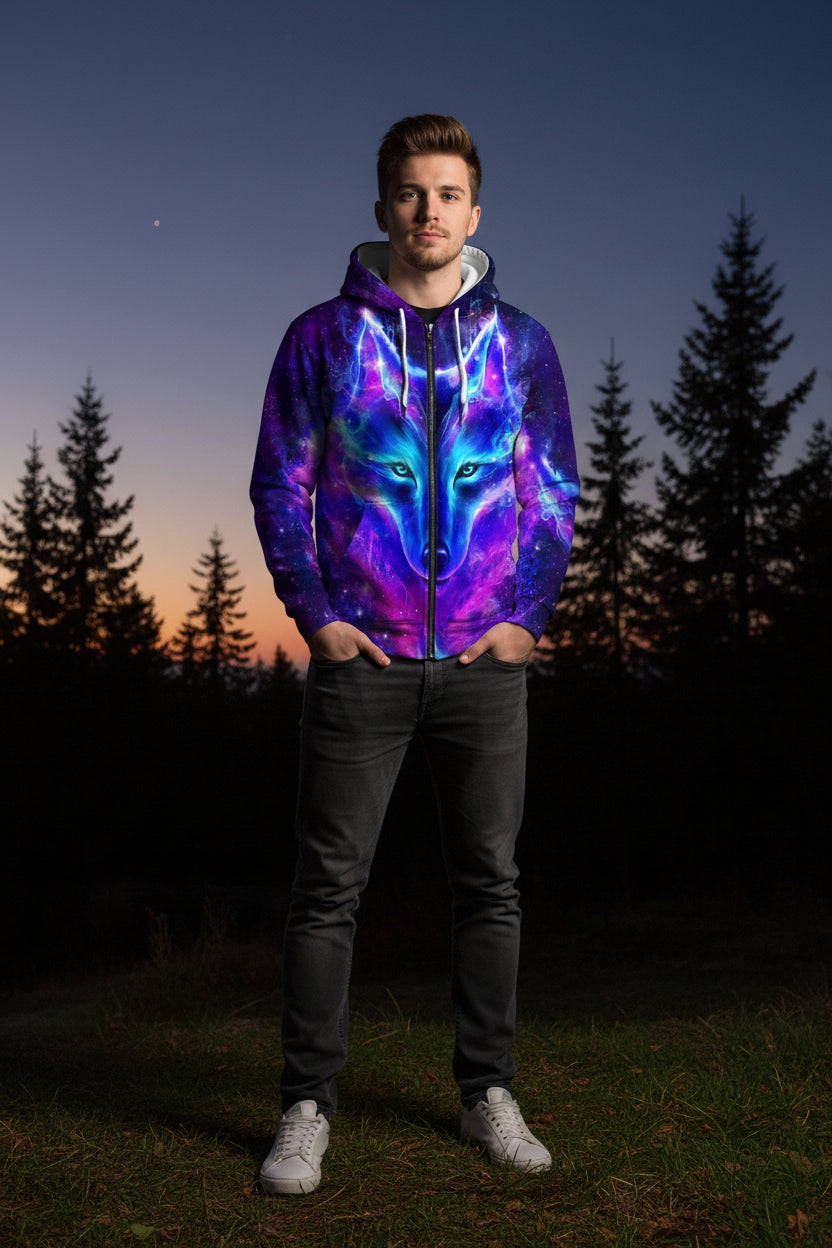 Hoodie with a wolf design in purple and blue colors on a white background