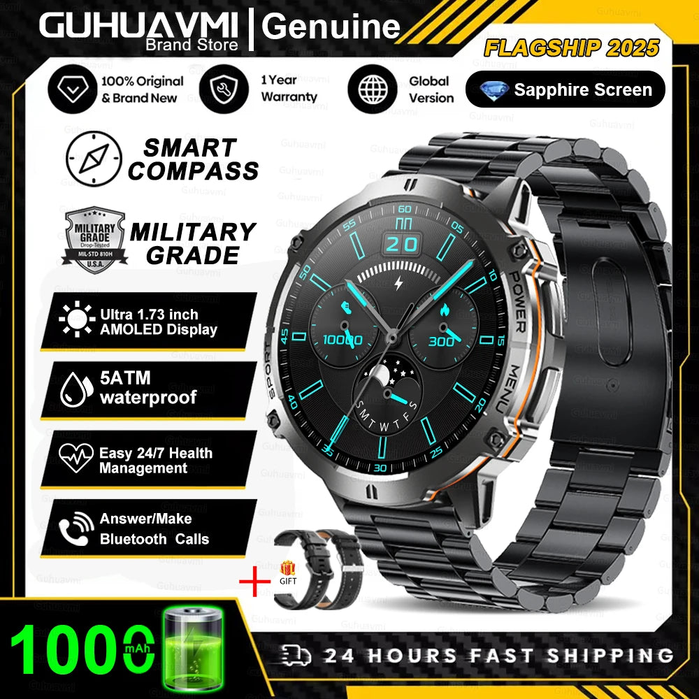 Smartwatch with features highlighted on a promotional graphic