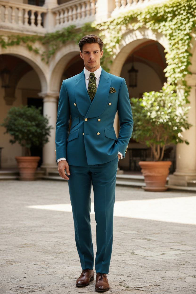 Man in a blue suit with a green tie and pocket square in a bar setting