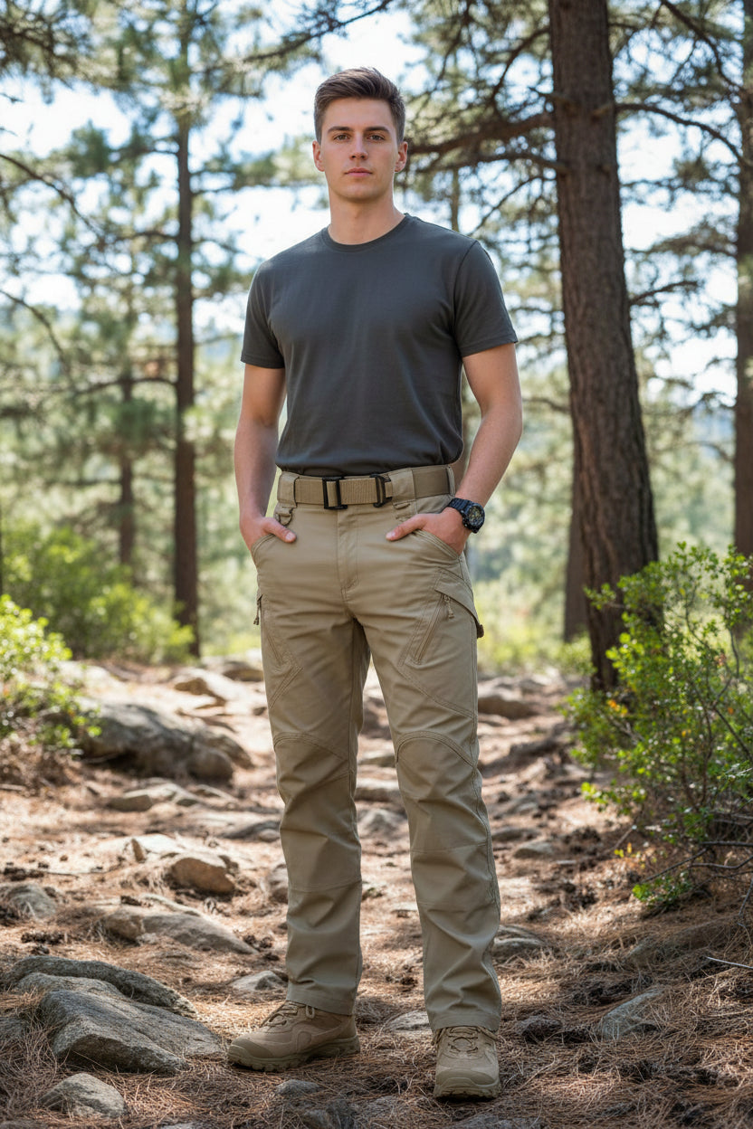 Person wearing khaki pants with a white background
