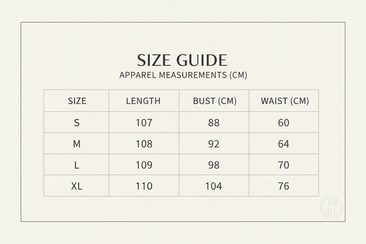 Table displaying clothing size chart with measurements in centimeters