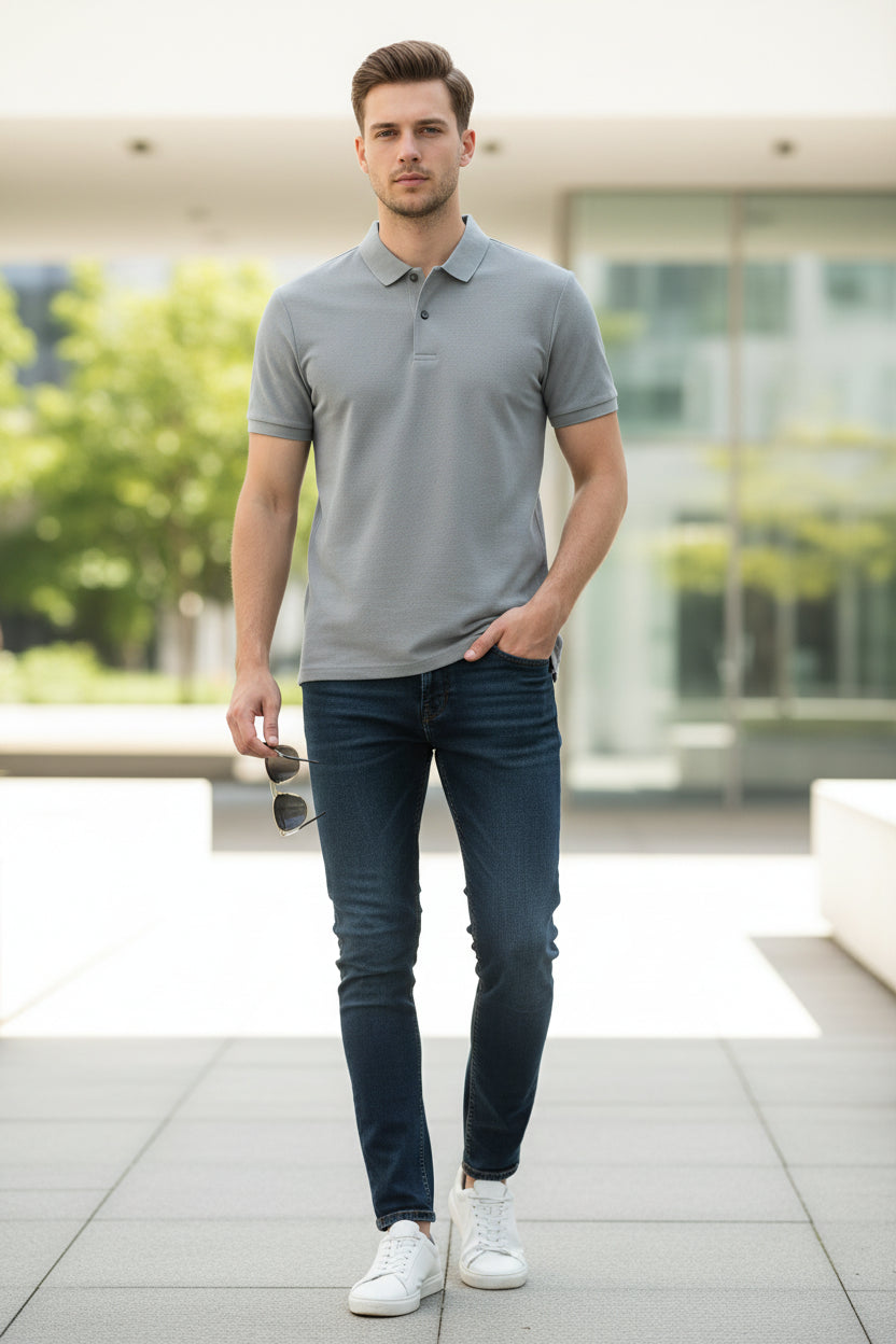 Gray polo shirt being held by a hand with a blurred background