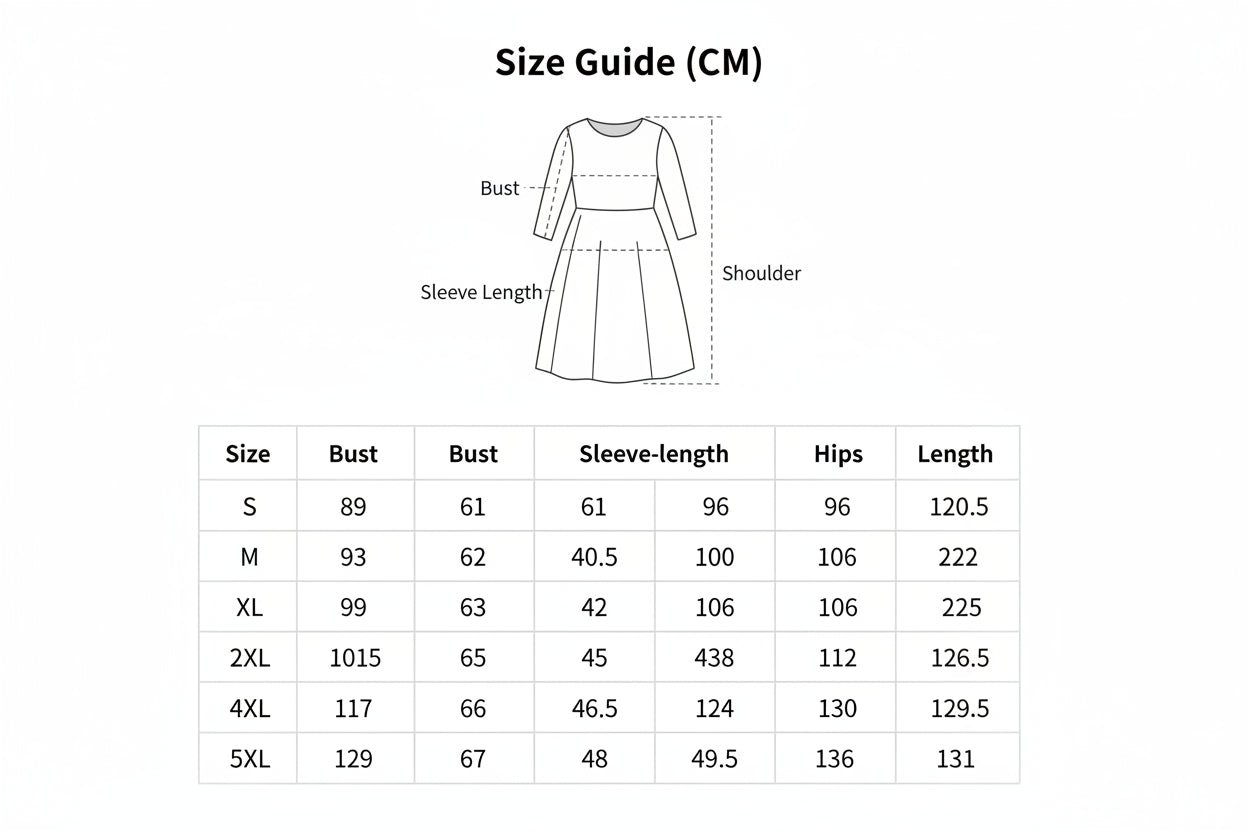 Measurement chart for a dress with dimensions labeled