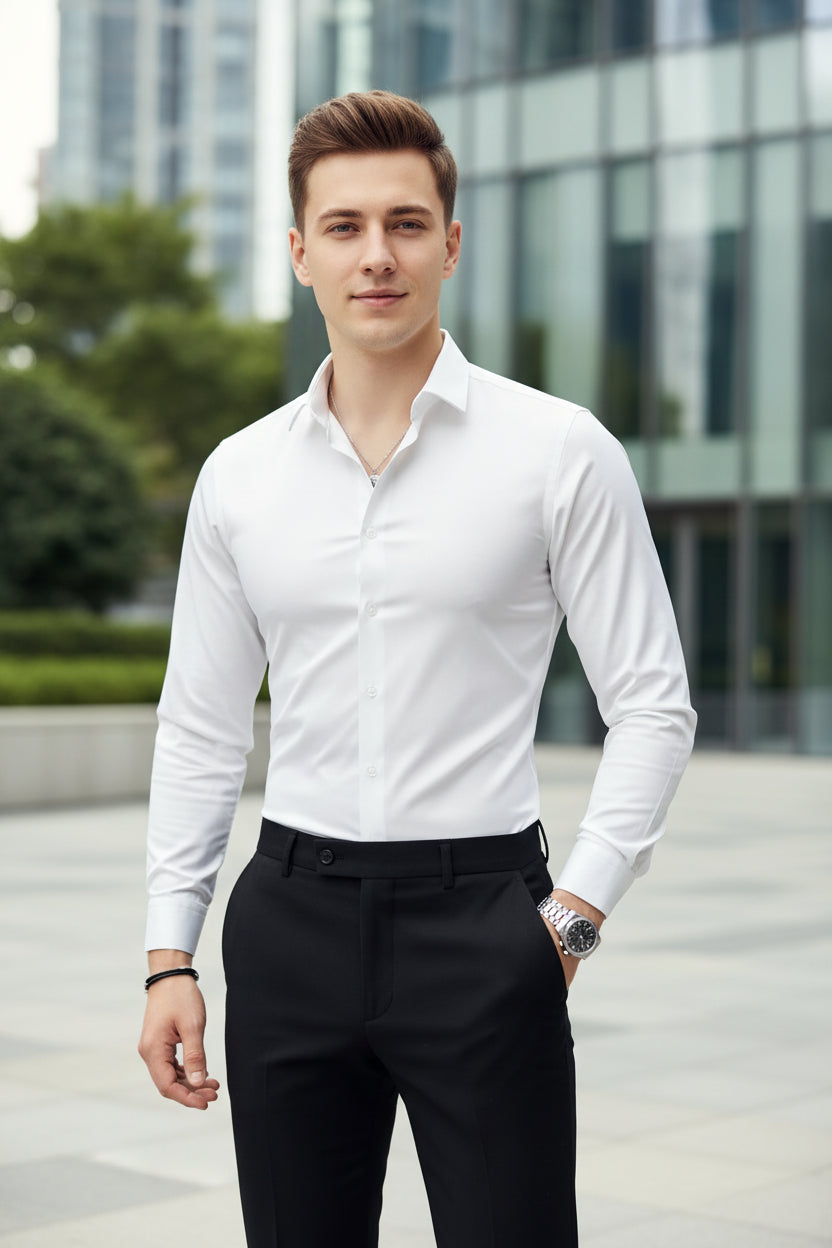 Black Men's Long Sleeve Wrinkle-Free Dress Shirt - Stretchy Office Wear