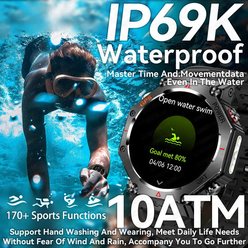 Waterproof smartwatch with diving scene and text highlighting features
