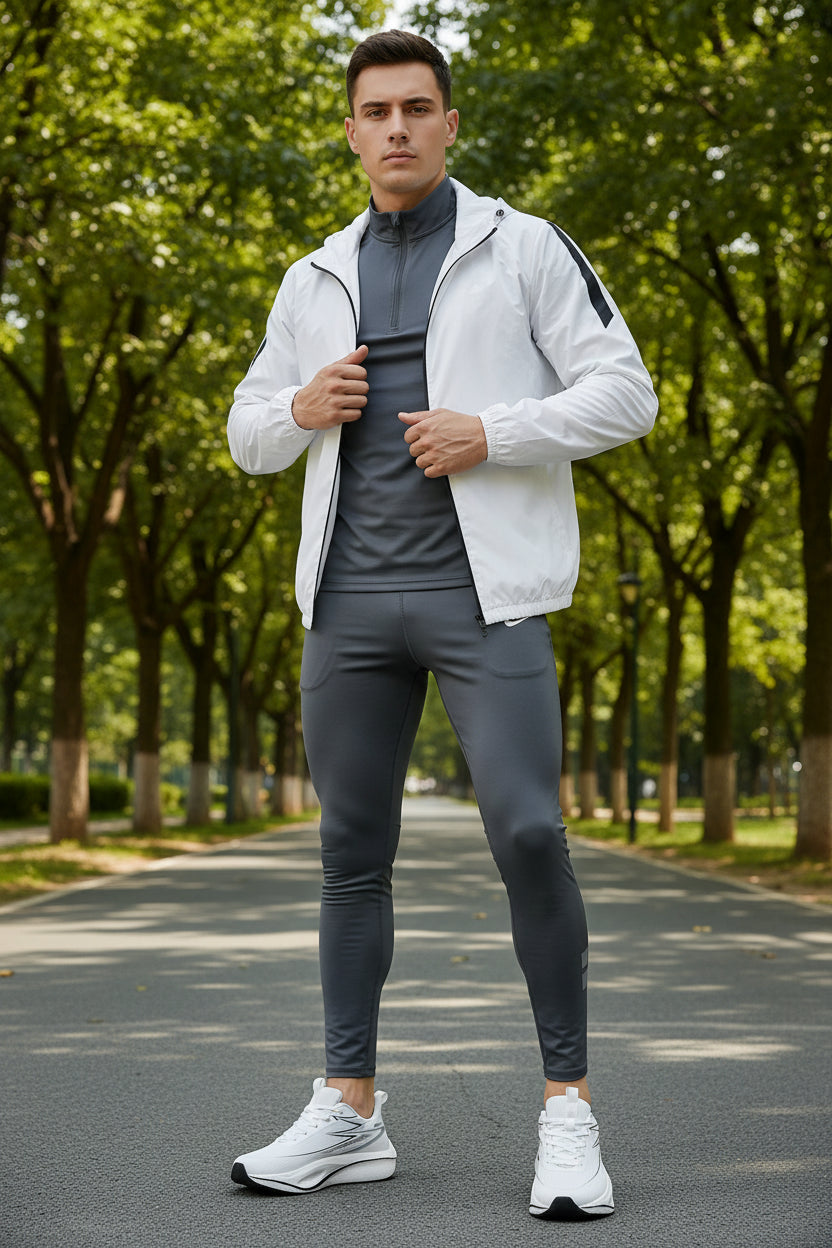White athletic shoes with black and gray accents held by a person outdoors.