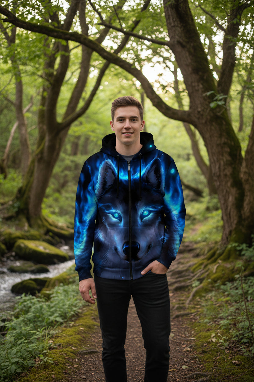 Hoodie with a wolf design featuring blue glowing eyes on a white background