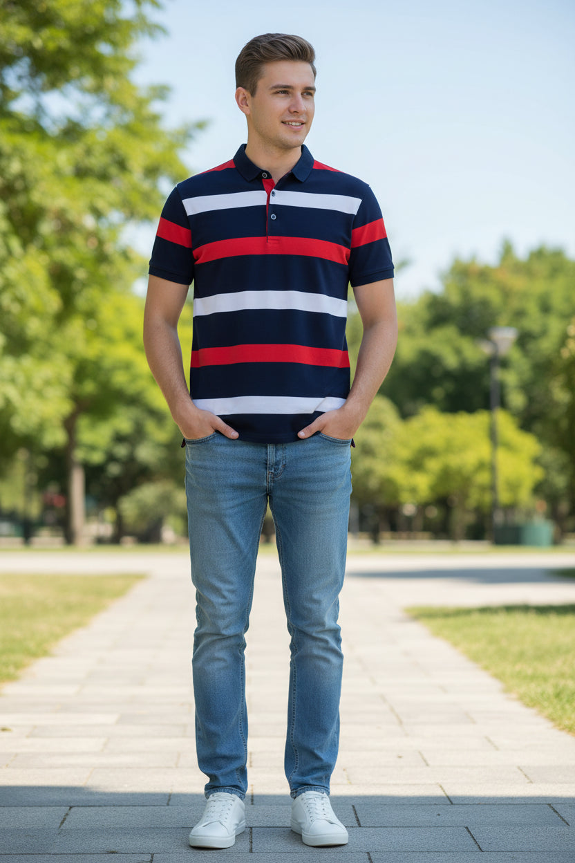 Navy, red, and white striped polo shirt on a white background