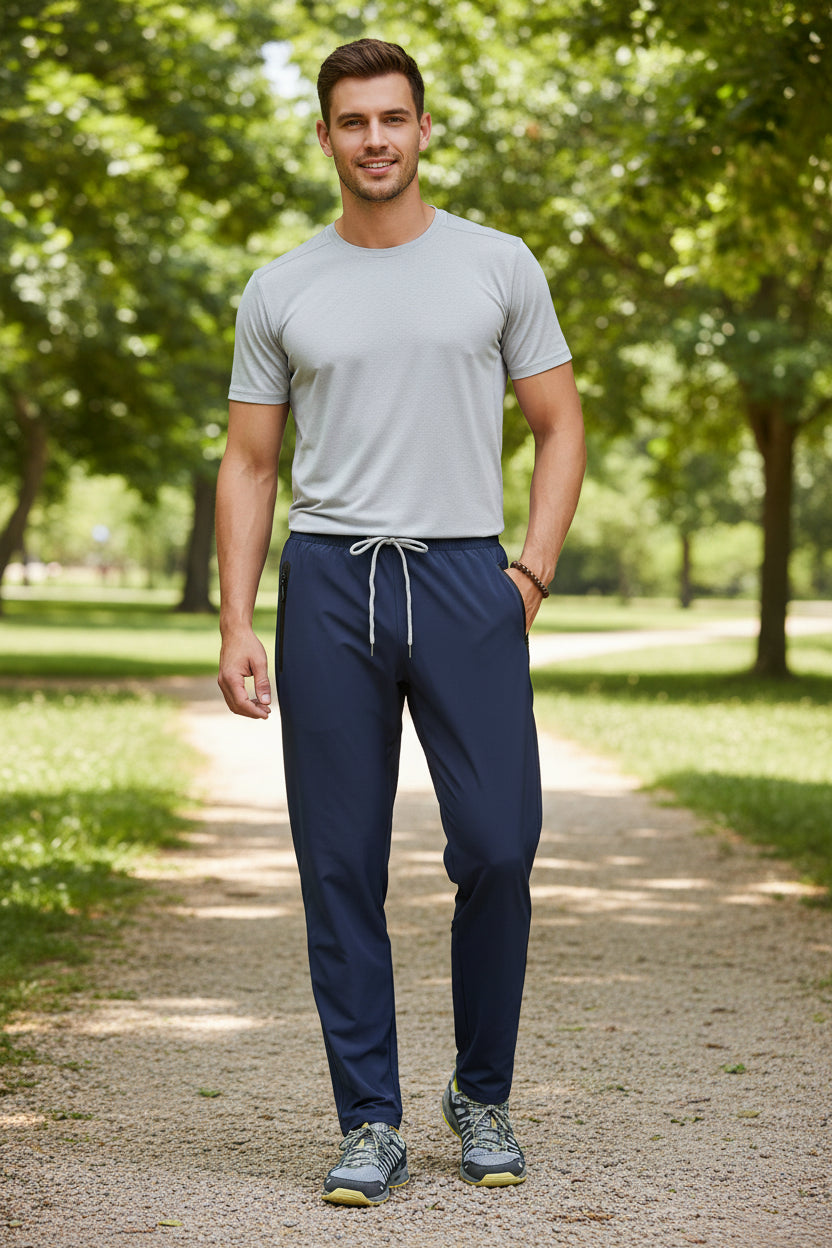 Navy blue athletic pants worn by a person on a white background