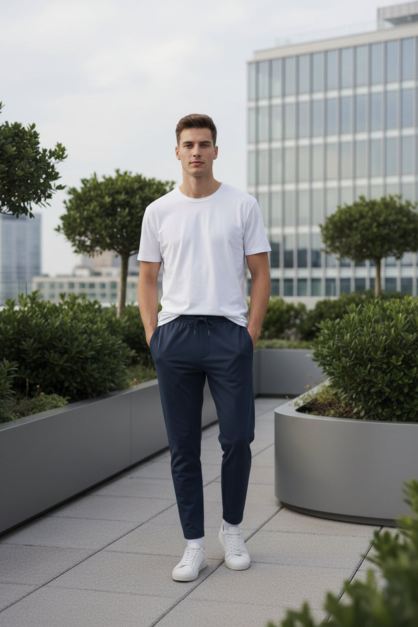 Navy blue athletic pants worn by a person on a white background