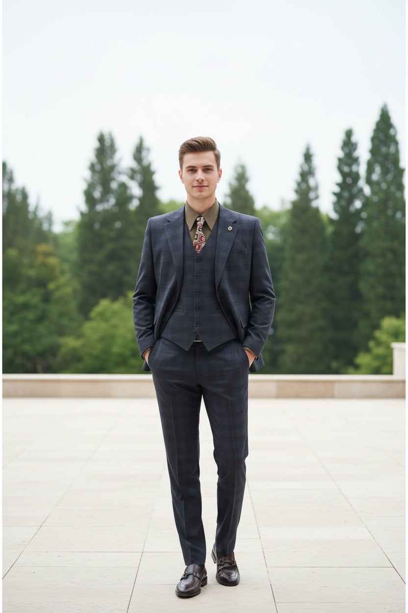 Dark gray suit on a mannequin with a white background