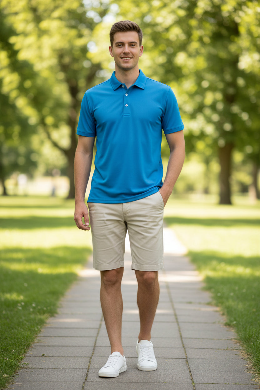 Blue polo shirt on a white background