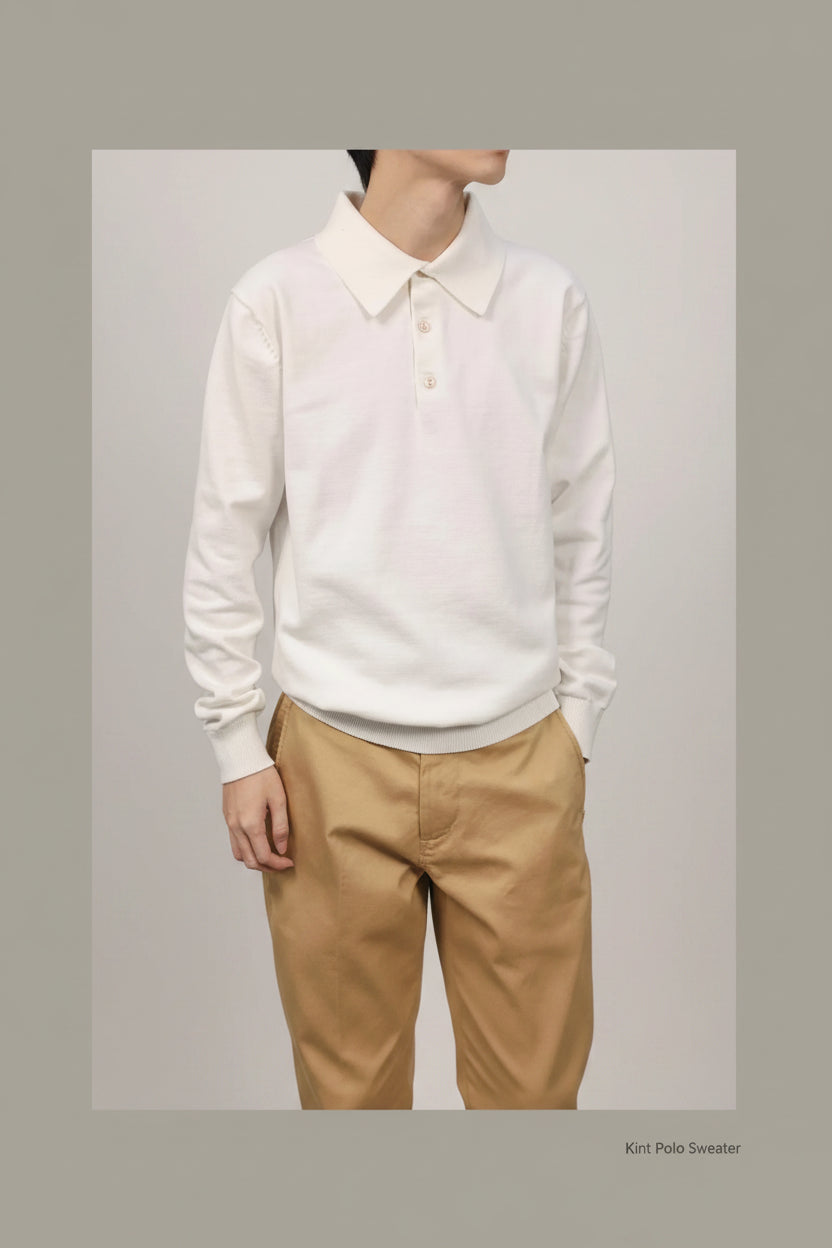 Person wearing a white knit sweater over a collared shirt with beige pants against a green background