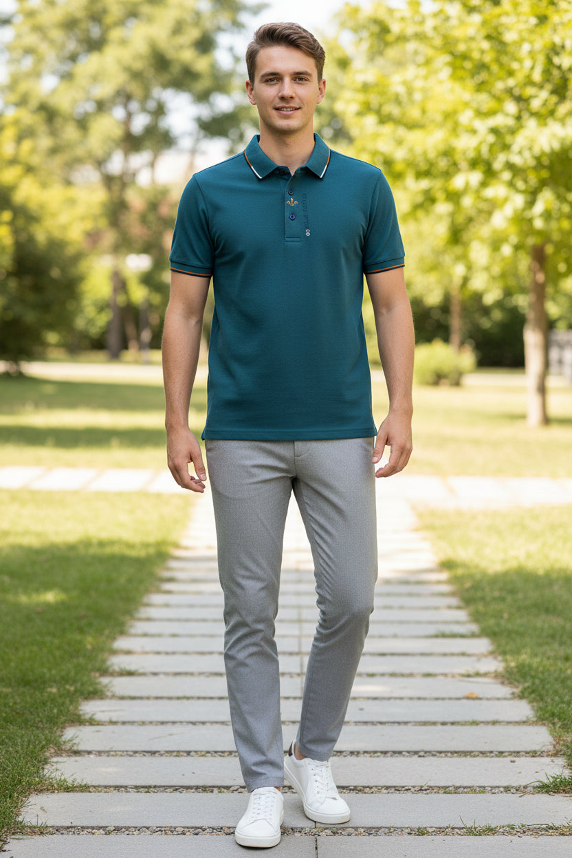 Teal polo shirt with brand logo on a hanger against a gray background