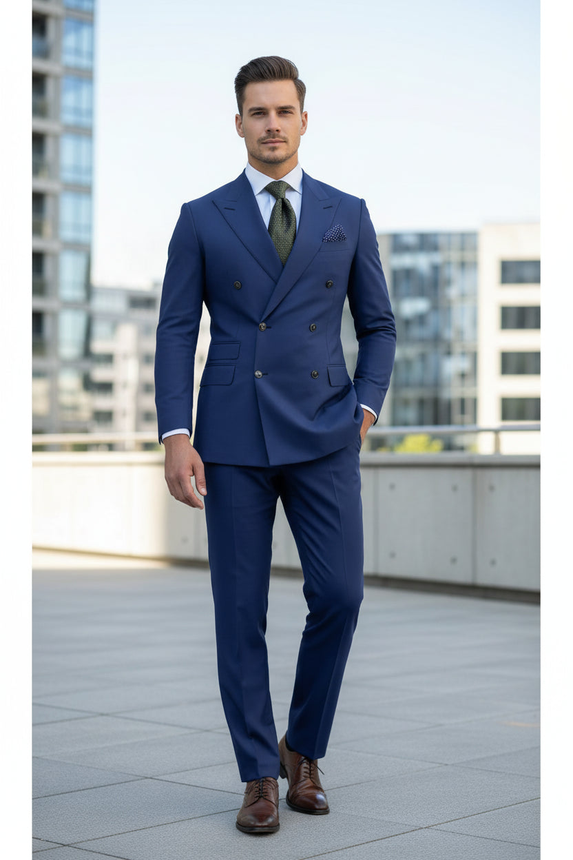 Man wearing a blue suit with a patterned tie and pocket square.